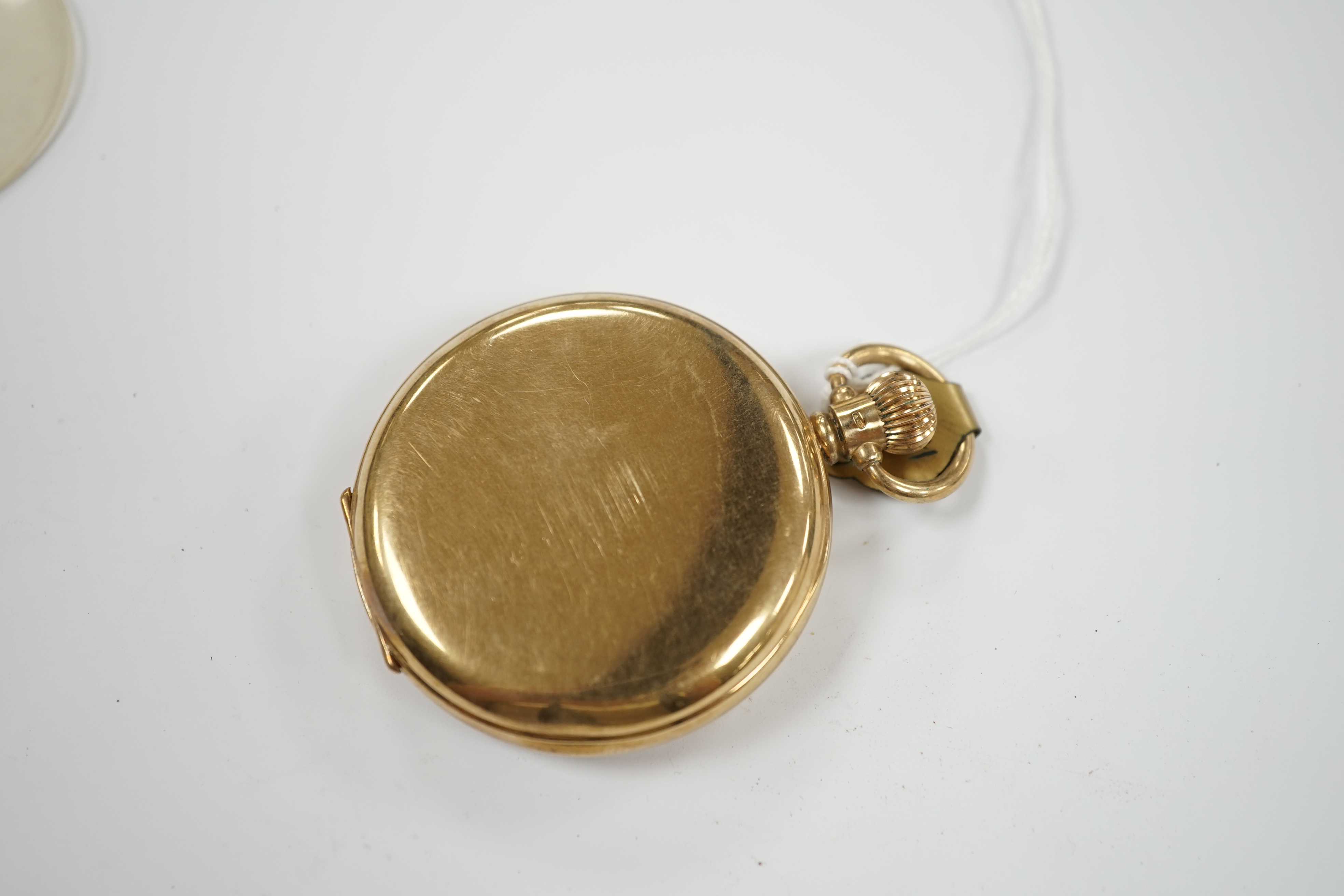A George V 9ct gold Vertex open face keyless pocket watch, with Arabic dial and subsidiary seconds, case diameter 48mm, gross weight 79.4 grams.